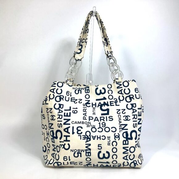 CHANEL By the Sea CC Mark Clear Chain Shoulder Tote Bag Canvas White x navy - Picture 1 of 12